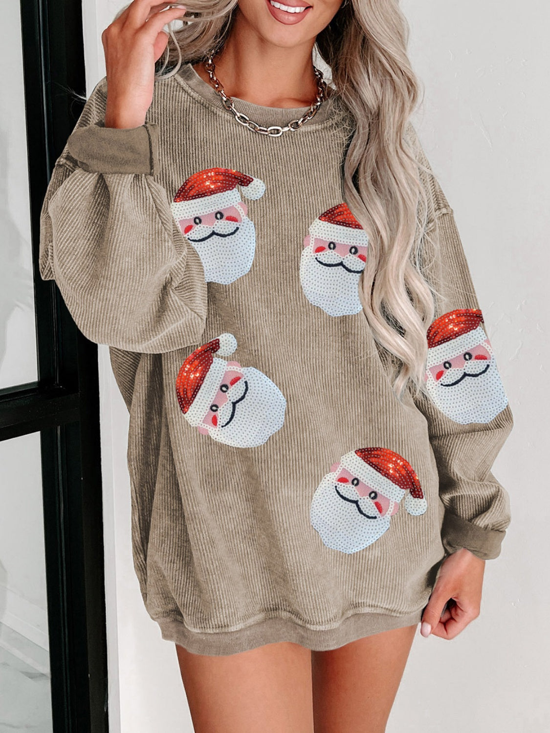 Sequin Santa Patch Ribbed Sweatshirt ships 2 weeks 3 colors