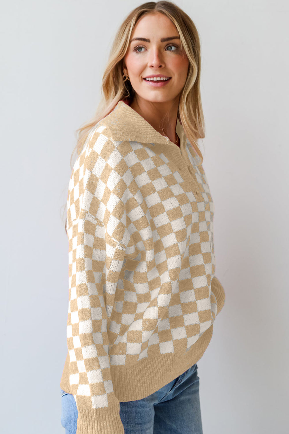 Pink Checkered Collared Neck Long Sleeve Sweater(ships 1-2 weeks)