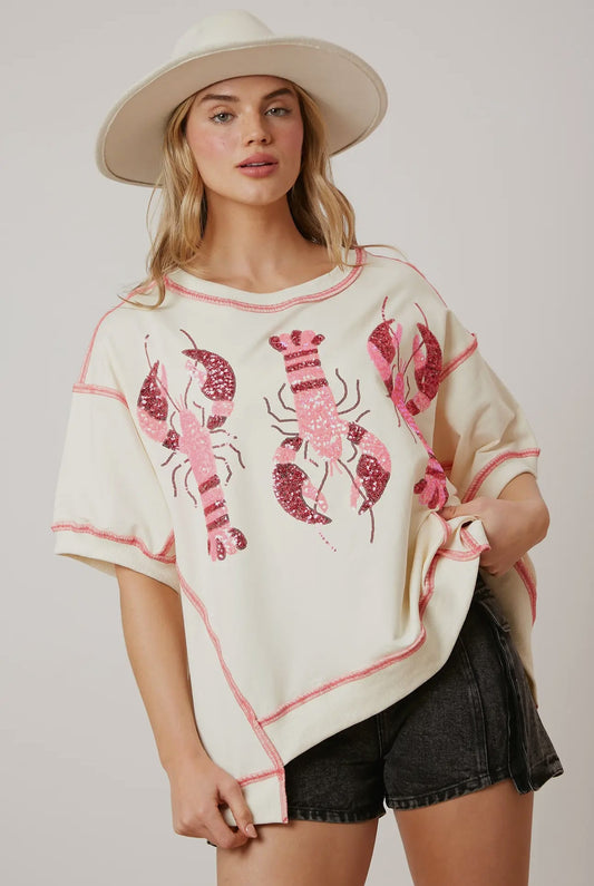 Ivory & pink Lobster/Crawfish Sequin top RTS BEST SELLER