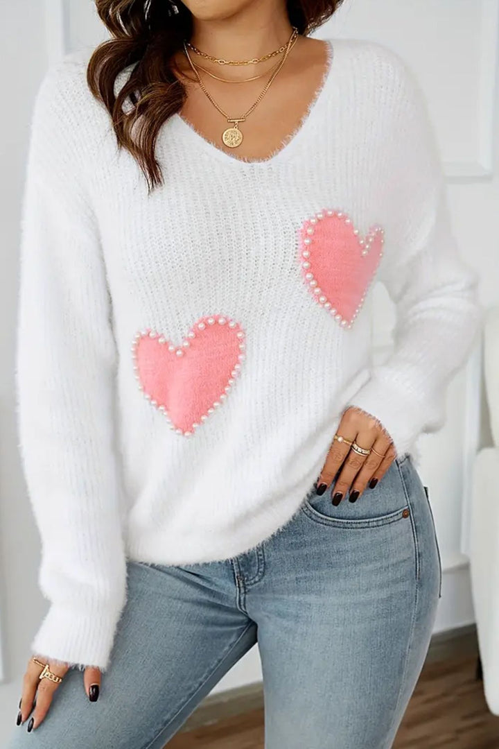 Pearl Heart V-Neck Long Sleeve Sweater (ships 1-2 weeks)