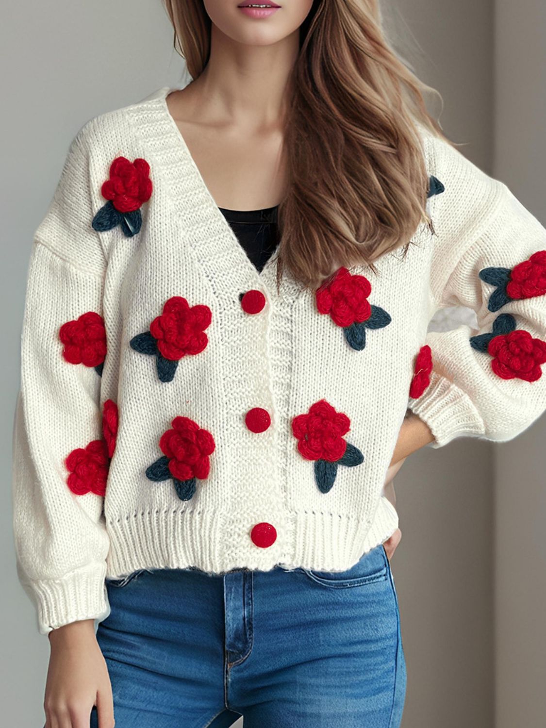 Flower Button Down V-Neck Long Sleeve Cardigan(ships 2-3 weeks)