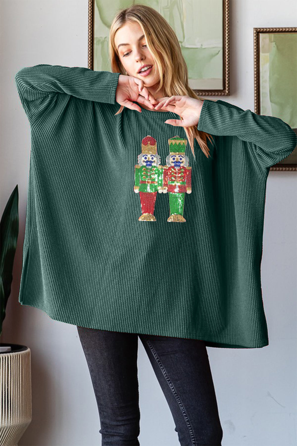 Heimish Sequin Nutcracker Long Sleeve Ribbed Top