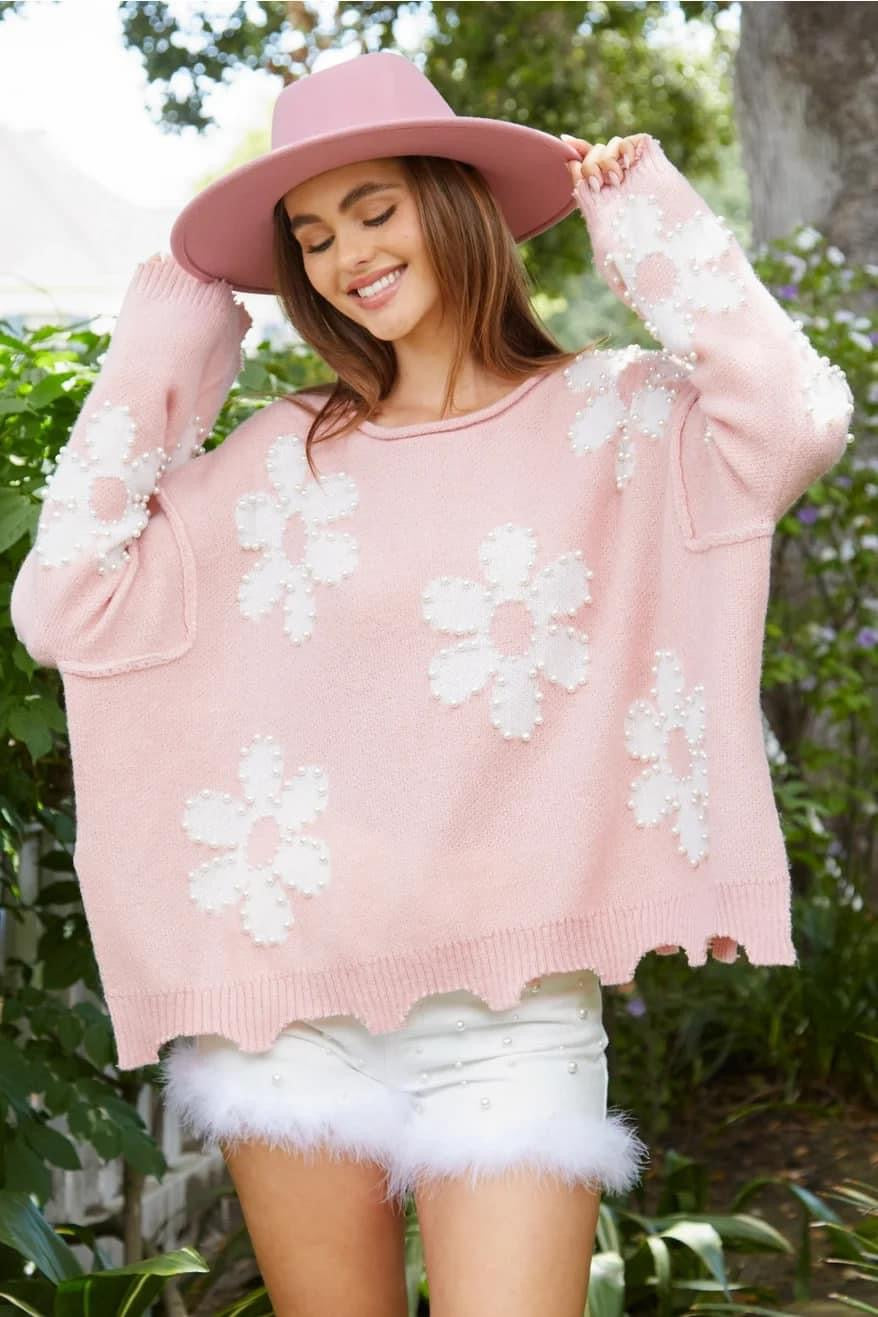 Flower Pattern Pearl Detail Rolled Slit Sweater (ships in 2 weeks)