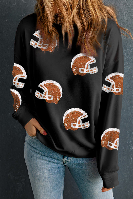 Black Sequin Baseball Helmet Graphic Round Neck Sweatshirt (ships 2 weeks)