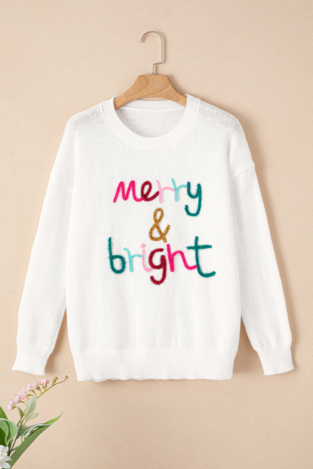 White Glitter Merry & Bright Round Neck Knit Sweater ships 2-3 weeks