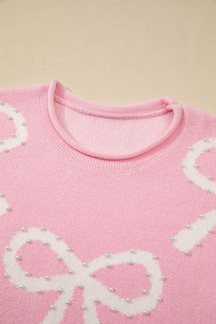 Pearl Detail Bow Sweater Pink (ships 1-2 weeks)