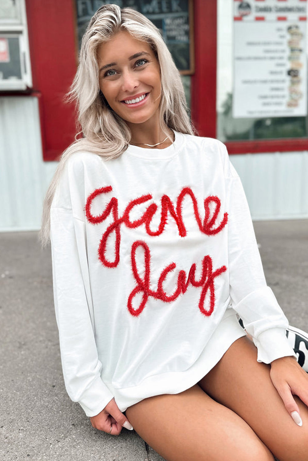 White Tinsel Game Day Drop Shoulder Sweatshirt (ships 1-2 weeks)