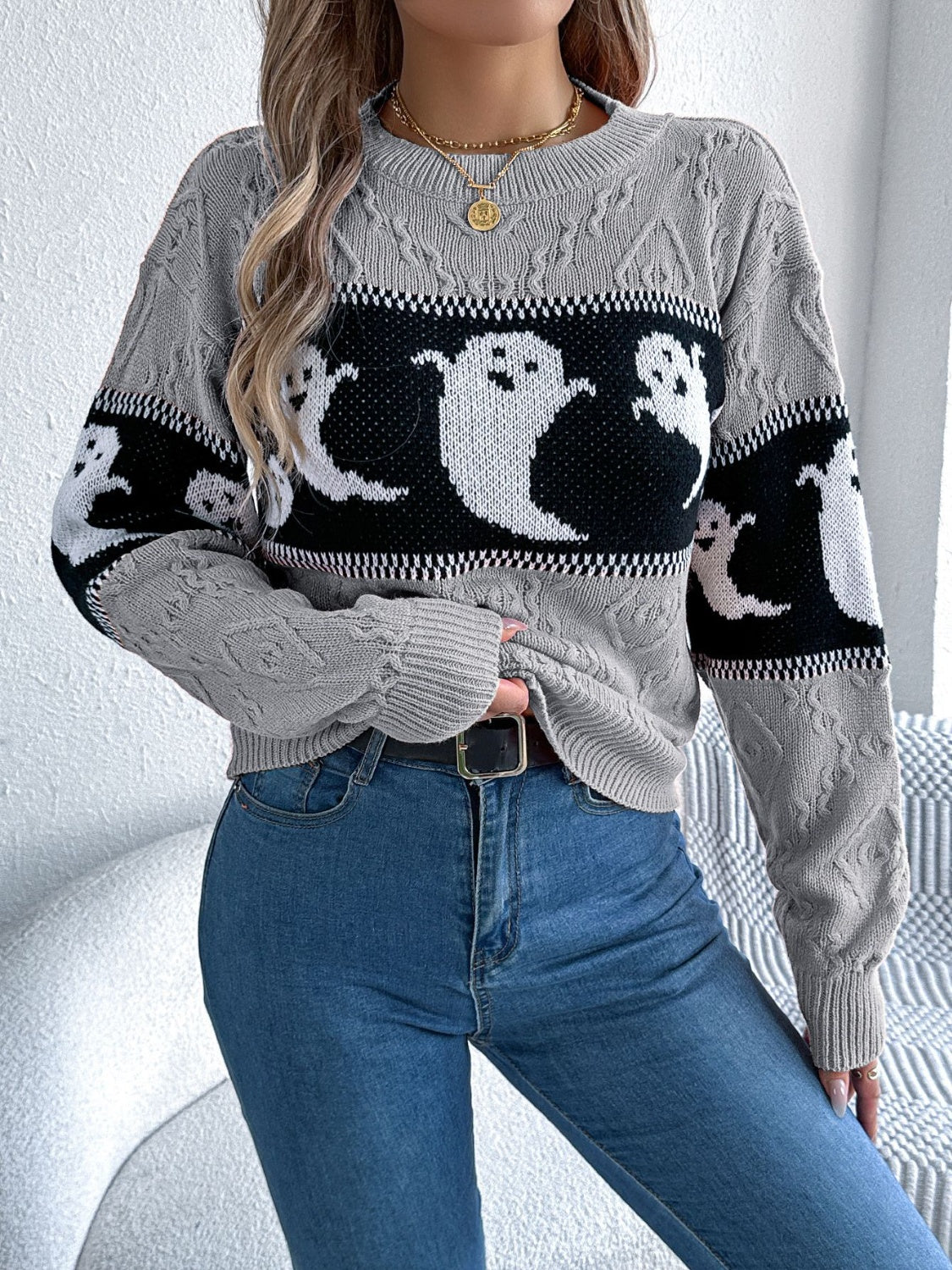 Ghost Round Neck Long Sleeve Sweater ships 2-3 weeks