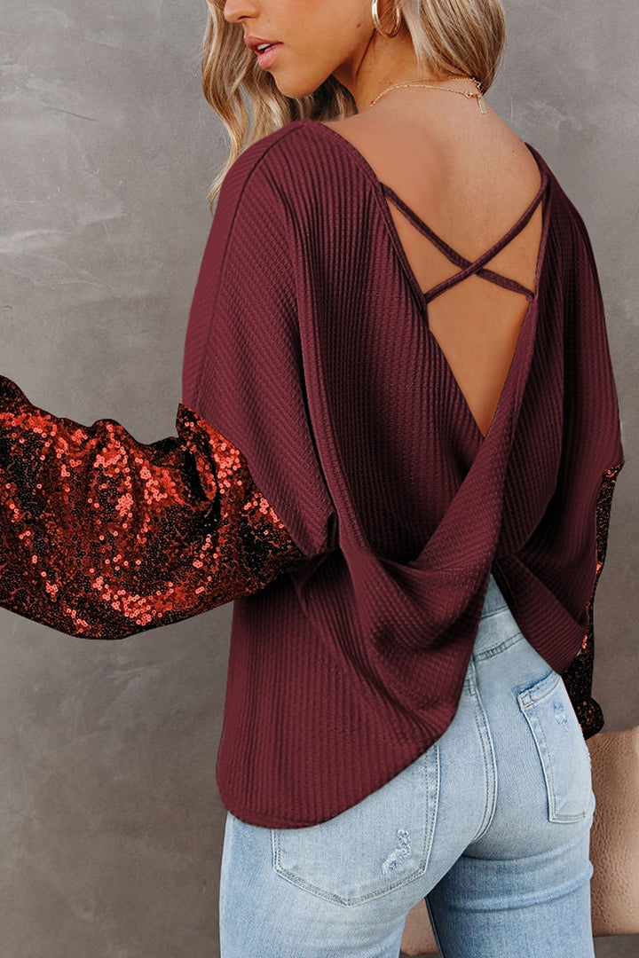 Sequin Crisscross Boat Neck Long Sleeve Blouse (ships 1-2 weeks)