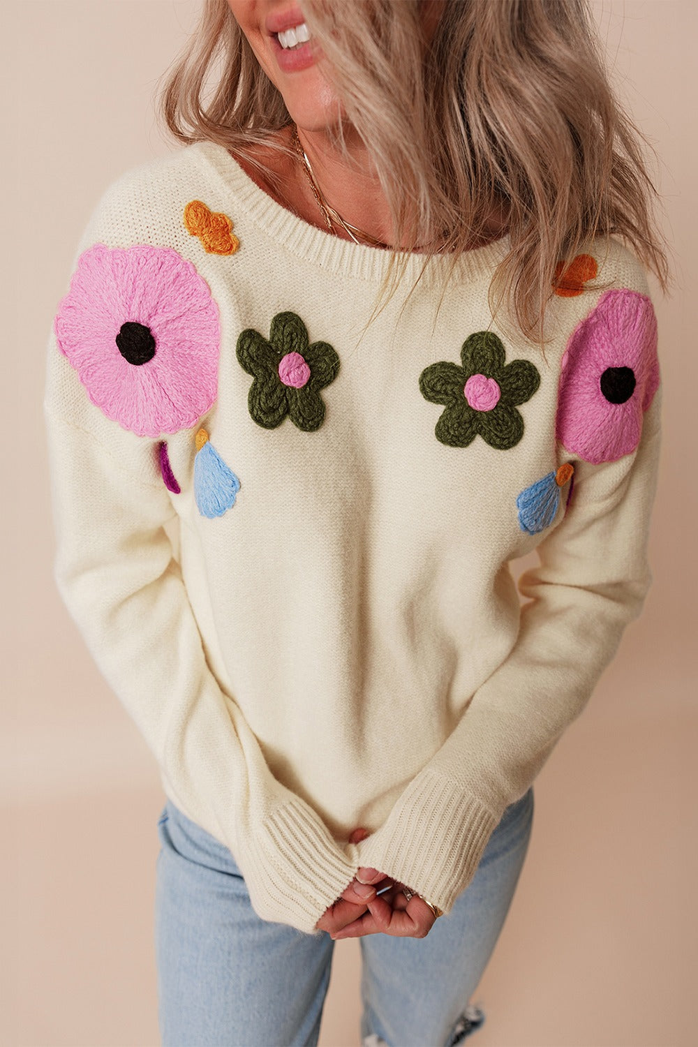 Crochet Flower Round Neck Dropped Shoulder Sweater (ships 1-2 weeks)