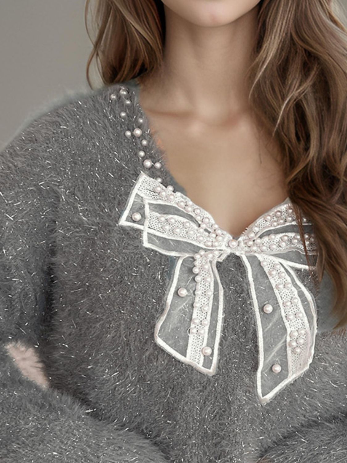 Bow Pearl Detail V-Neck Long Sleeve Sweater (ships 2-3 weeks) 2 colors