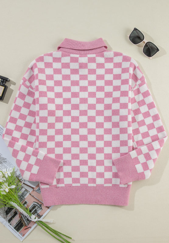 Pink Checkered Collared Neck Long Sleeve Sweater(ships 1-2 weeks)