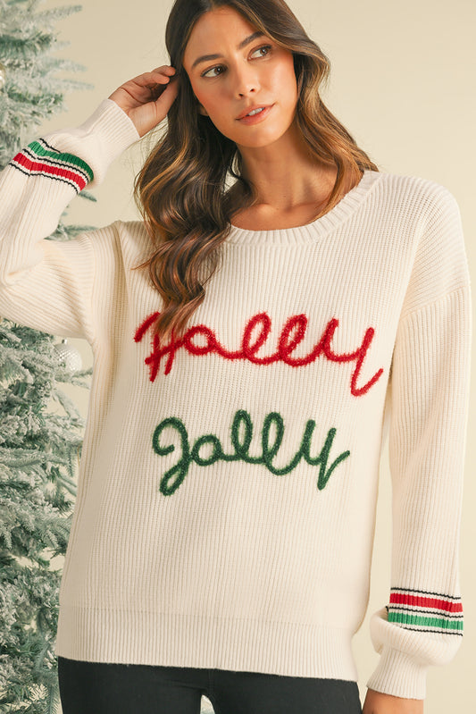 Ivory Tinsel Holly Jolly Graphic Round Neck Sweater (ships 2-3 weeks)