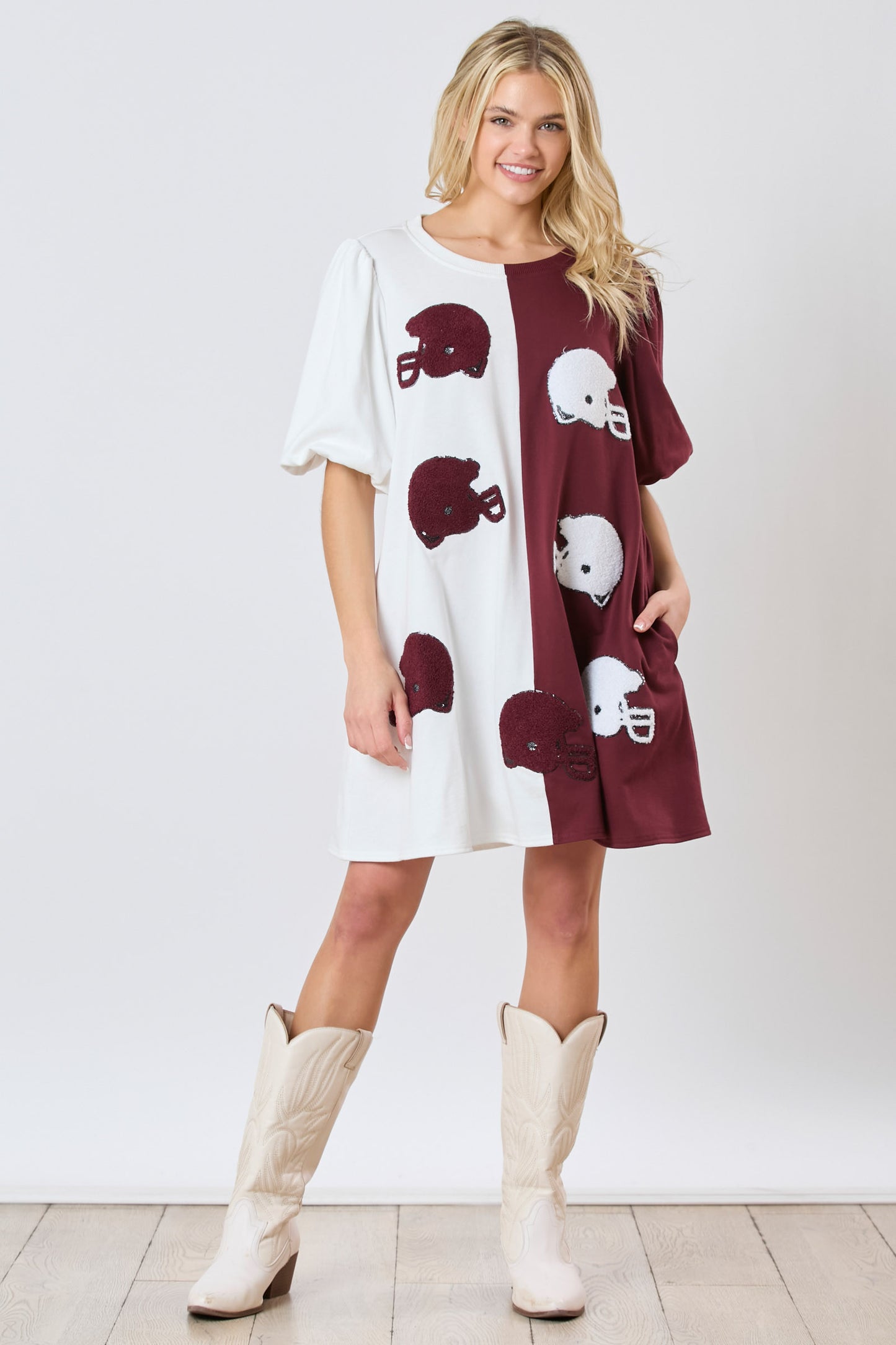 Colorblock football helmet dress MAROON AND WHITE (ships 2 weeks)