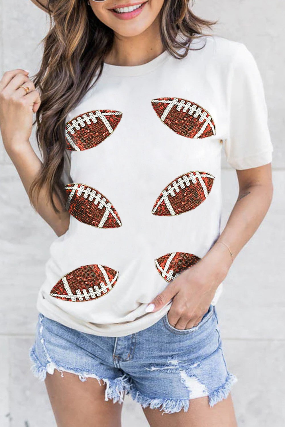 Sequin Football Round Neck Short Sleeve T-Shirt(ships 2 weeks