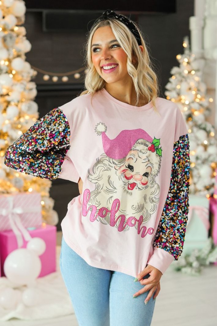 Jolly Santa With Confetti Sequin Sleeves (ships 1 week)