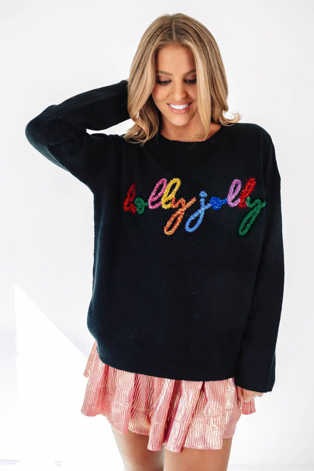 White Glitter Merry & Bright Round Neck Knit Sweater ships 2-3 weeks