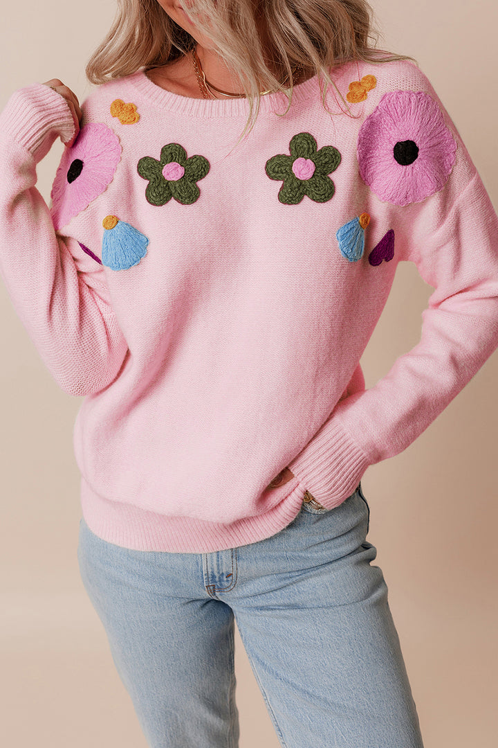 Crochet Flower Round Neck Dropped Shoulder Sweater (ships 1-2 weeks)