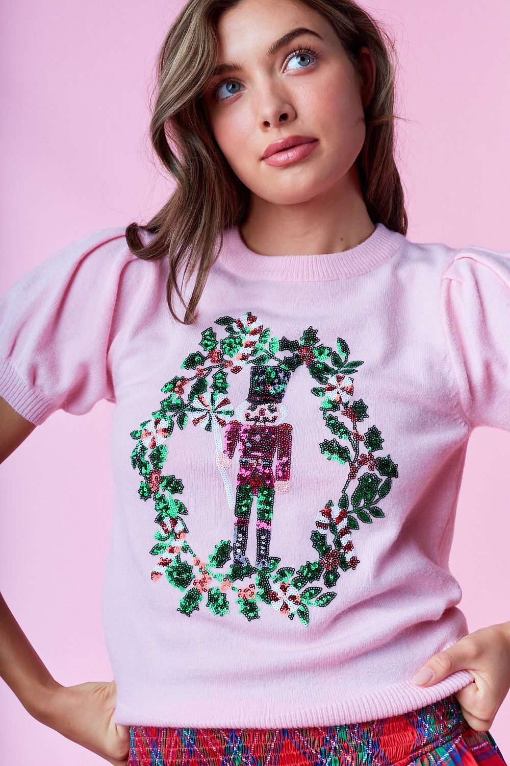 Pink Nutcracker in Sequin Wreath Sweater Ready to ship