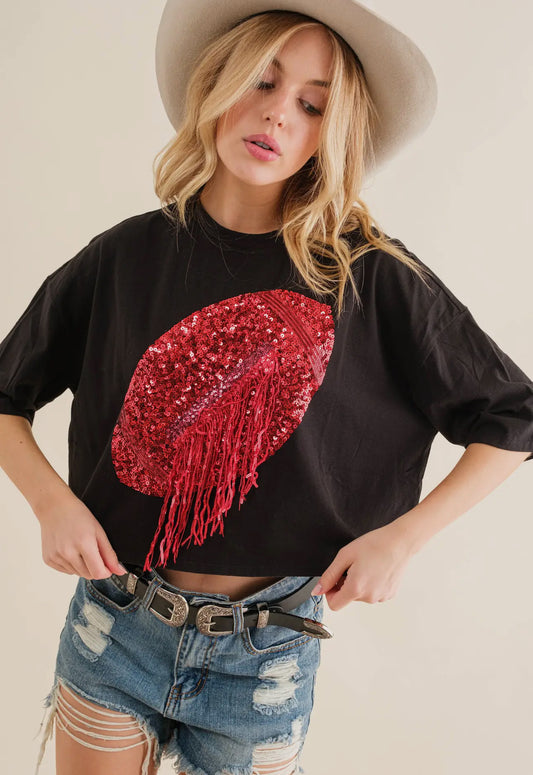 Sequin Football fringe top RED AND BLACK