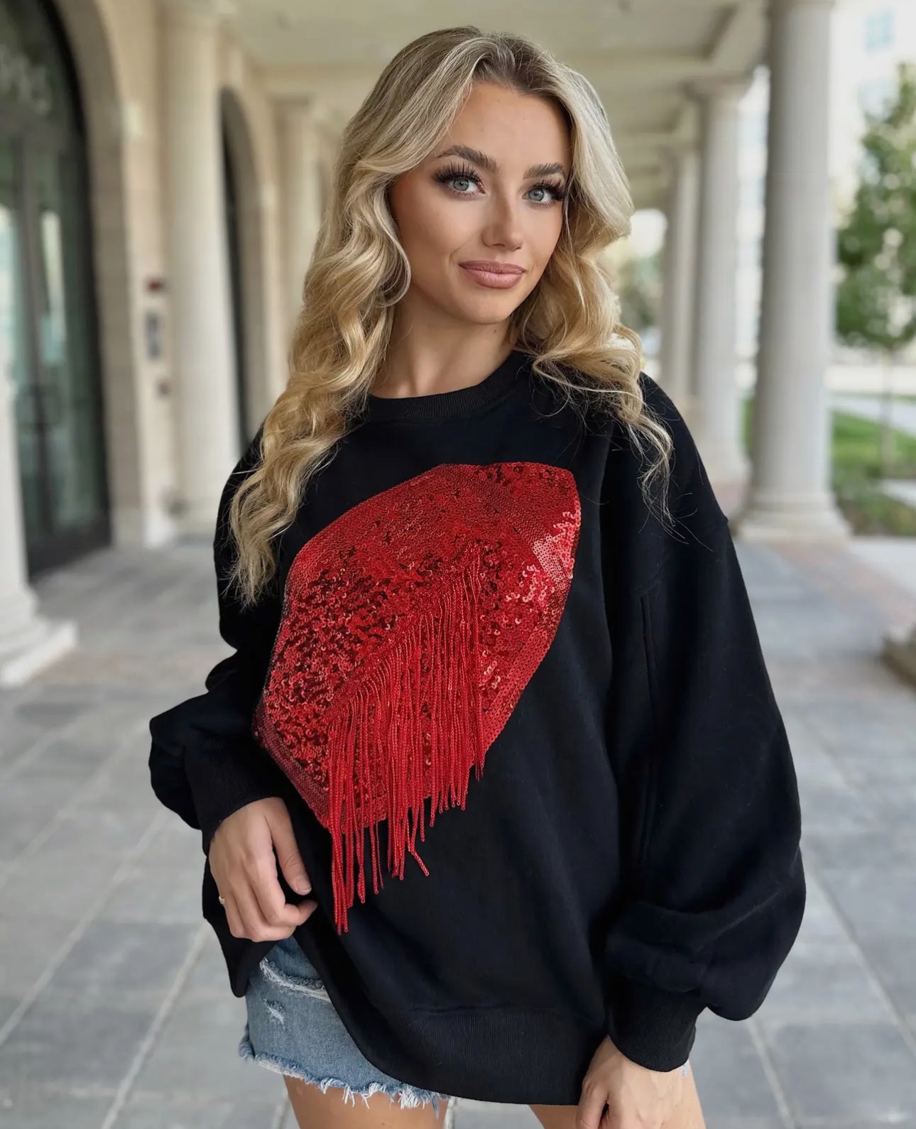 Sequin fringe Football Pullover RED