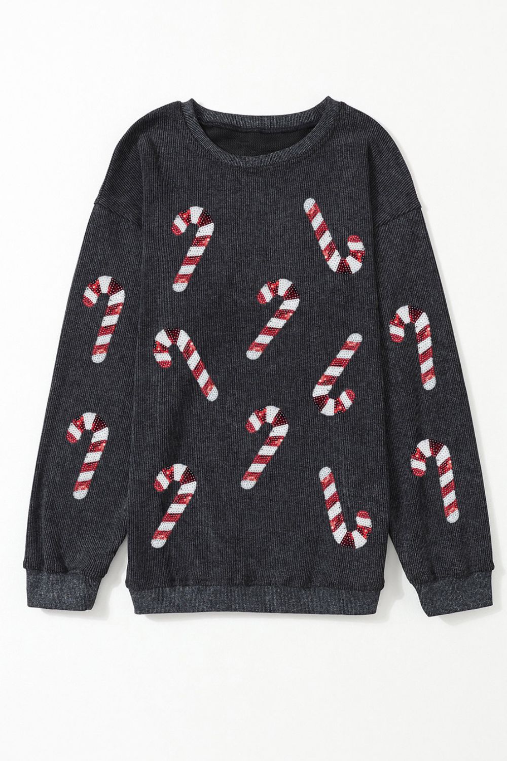 Sequin Candy Cane Round Neck Sweatshirt ships 2-3 weeks