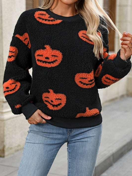 Fuzzy Pumpkin Round Neck Dropped Shoulder Sweater(ships 2-3 weeks)