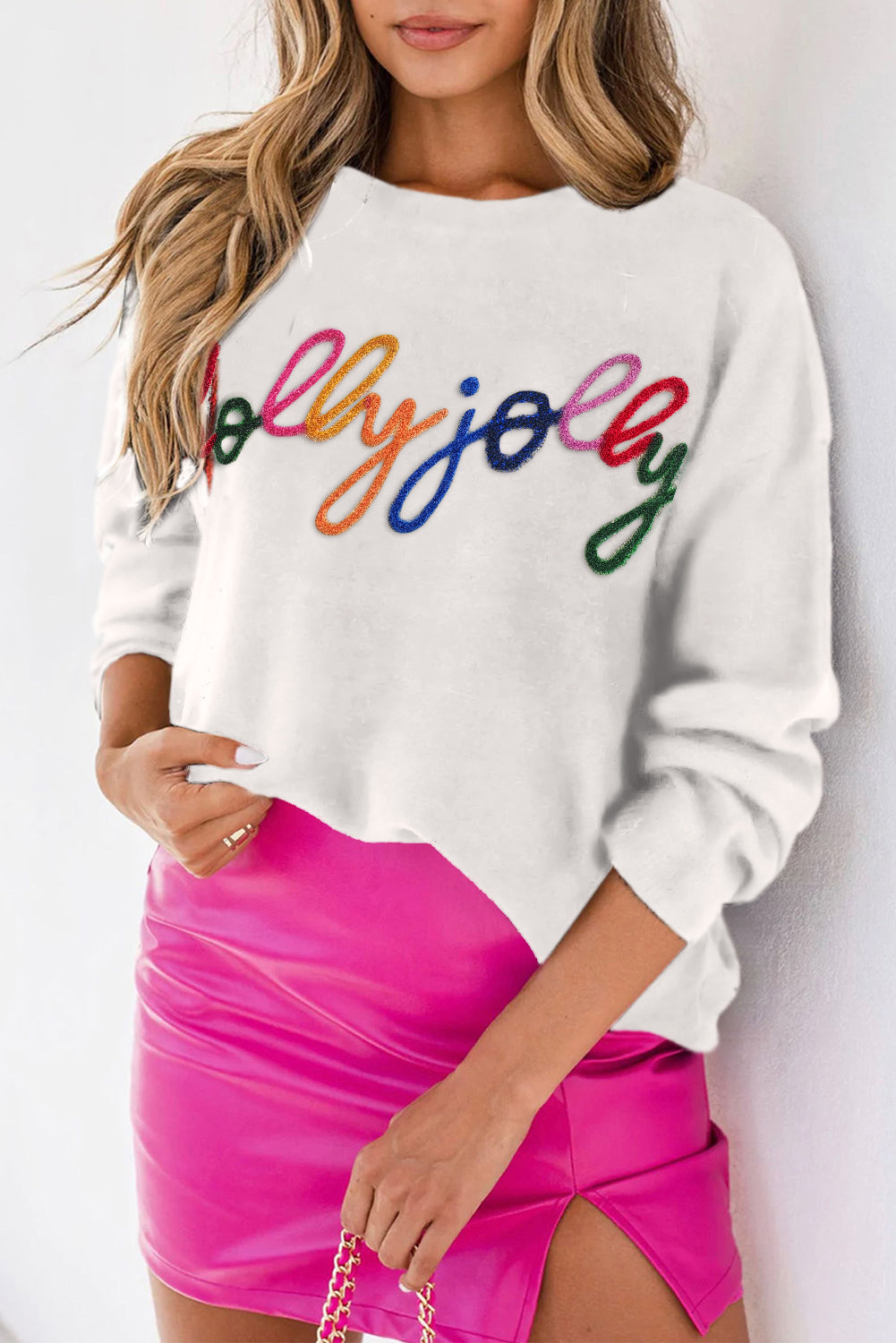 White Glitter Merry & Bright Round Neck Knit Sweater ships 2-3 weeks