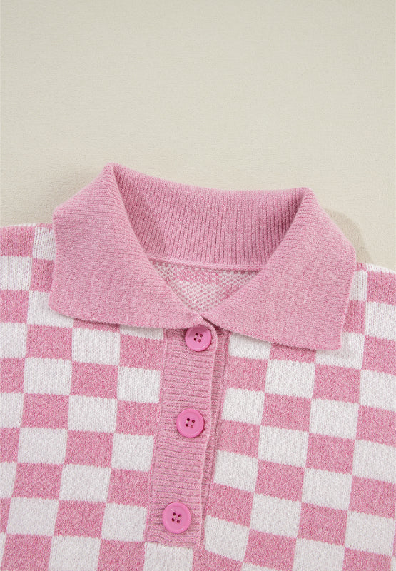 Pink Checkered Collared Neck Long Sleeve Sweater(ships 1-2 weeks)