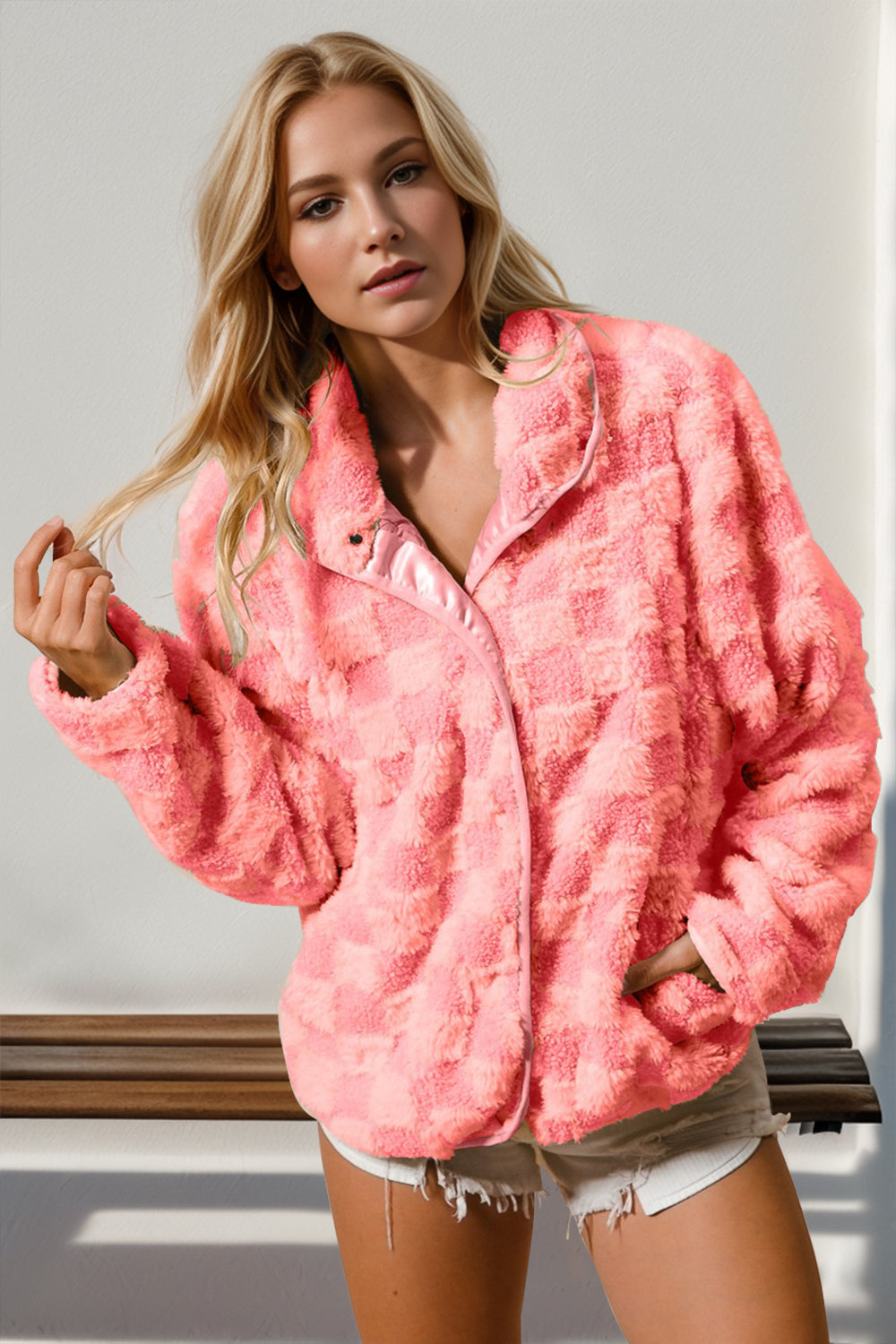 Checkered Long Sleeve Fuzzy Jacket (ships 1 week)