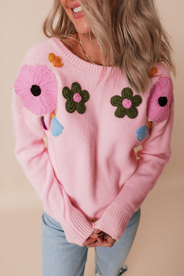 Crochet Flower Round Neck Dropped Shoulder Sweater (ships 1-2 weeks)