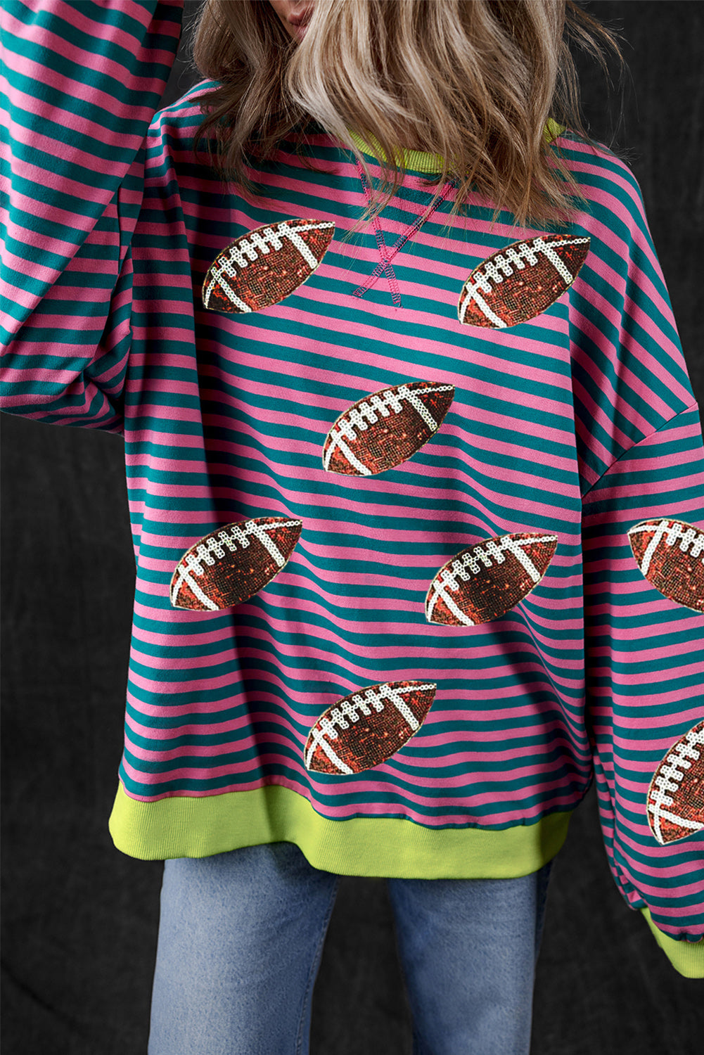 Green Stripe Game Day Sequin Rugby Graphic Colorblock Edge Sweatshirt(ships 2-3 weeks)