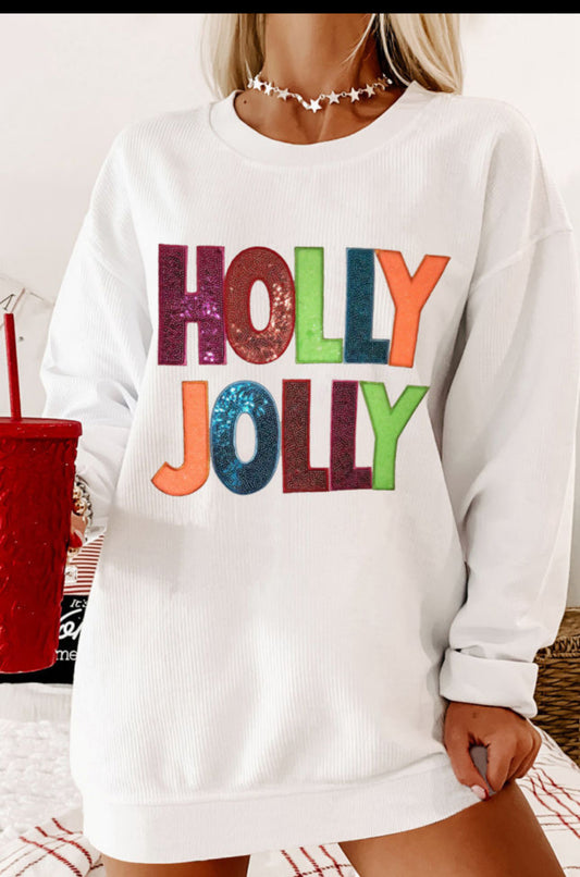 Sequin multicolor Holly Jolly on white  ( ships 2-3 weeks)