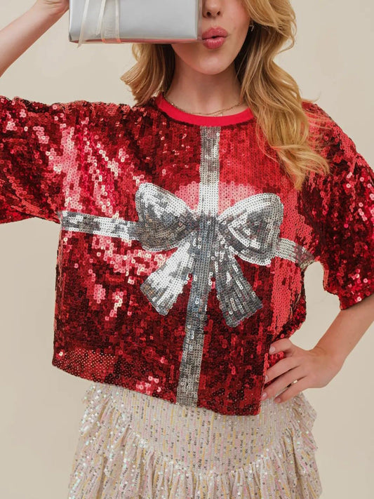 Present bow sequin top ( ships 2-3 weeks)