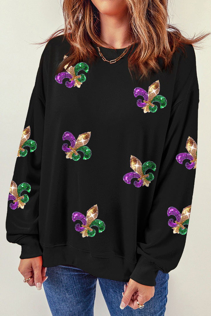 Sequin Mardi Gras Round Neck Dropped Shoulder Sweatshirt(ships 1-2 weeks)