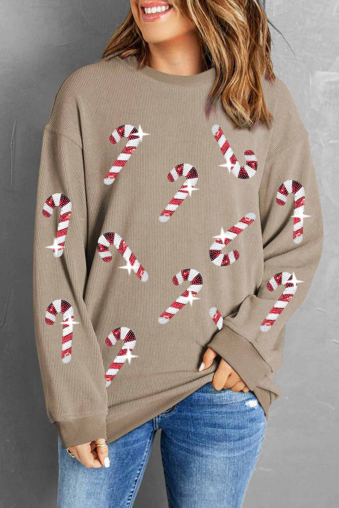 Sequin Candy Cane Round Neck Sweatshirt ships 2-3 weeks