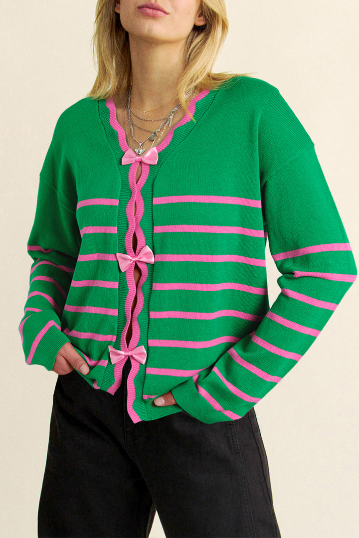 Bow Striped V-Neck Long Sleeve Cardigan (ships 1-2 weeks)