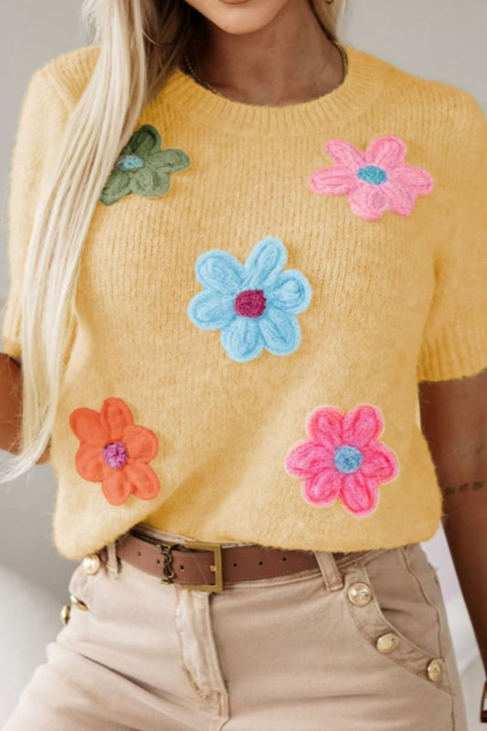 Flower Round Neck Short Sleeve Sweater ships 1-2 weeks