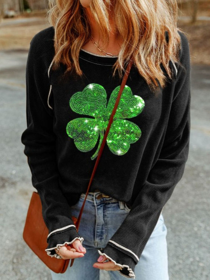 Sequin Lucky Clover Lettuce Trim Long Sleeve Top  (ships 2-3 weeks)