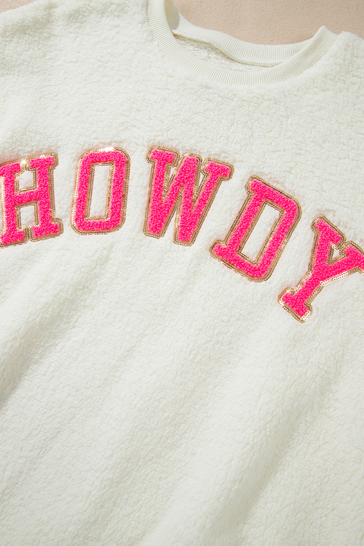 HOWDY Patched Round Neck Sherpa Sweatshirt (ships 1-2 weeks)