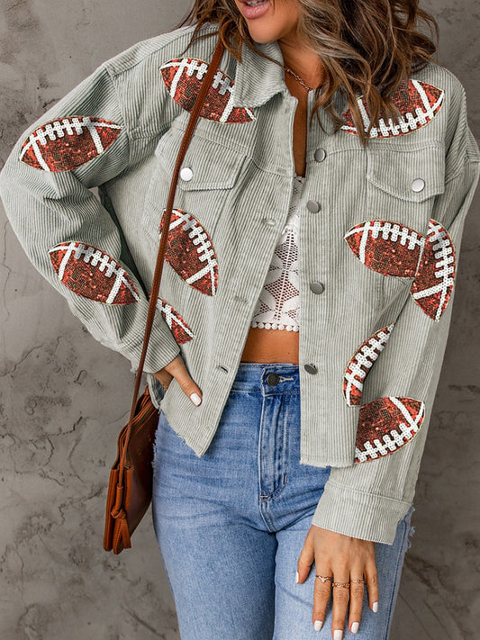 Football Sequin Button Up Dropped Shoulder Jacket ships 2 weeks