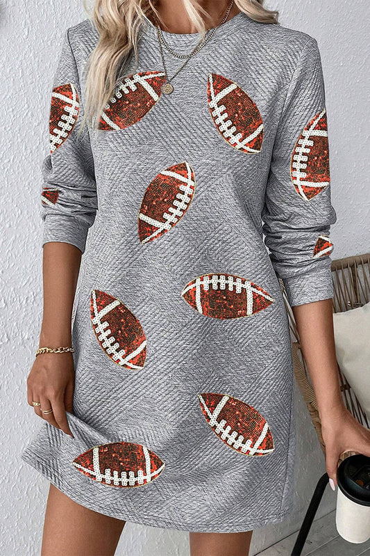 Gray Sequin Rugby Graphic Round Neck Textured Mini Dress (ships 2 weeks)