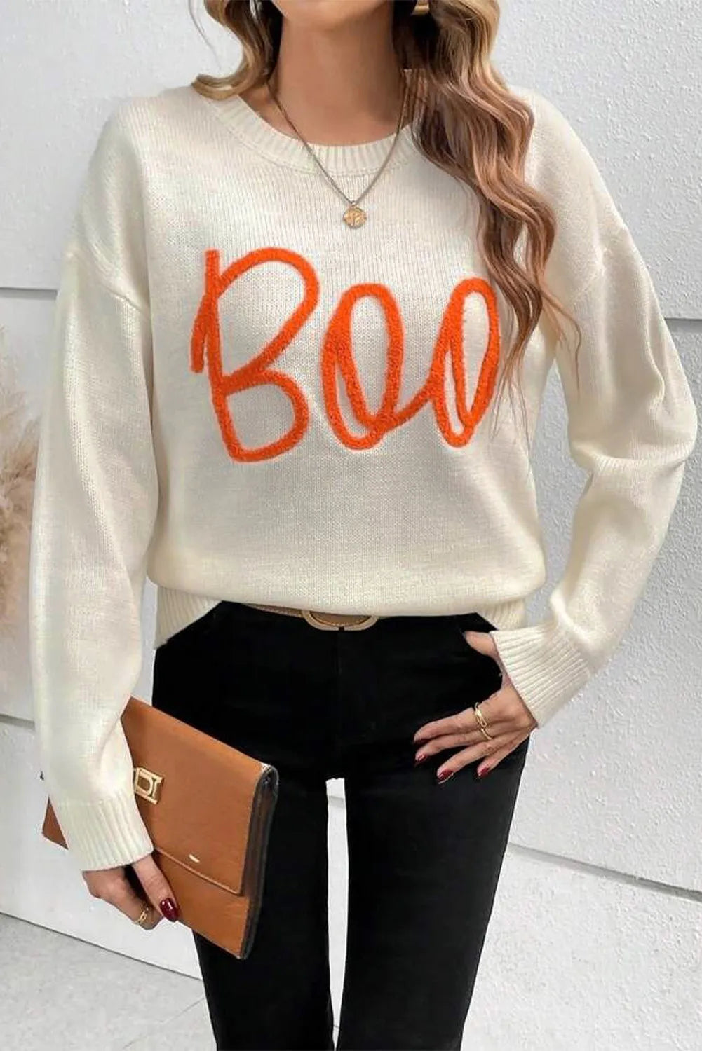 BOO Round Neck Long Sleeve Sweaters ships 2-3 weeks