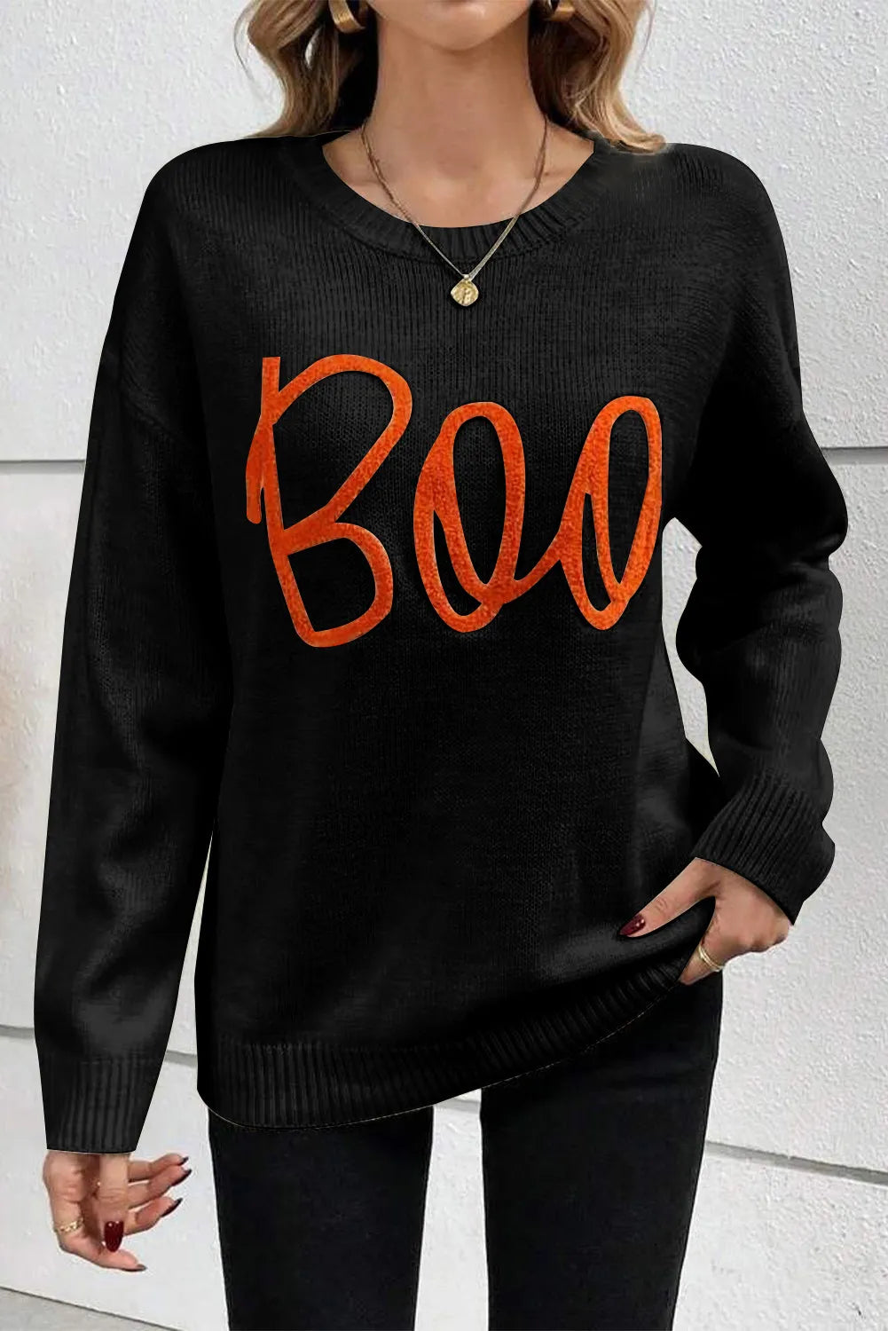 BOO Round Neck Long Sleeve Sweaters ships 2-3 weeks