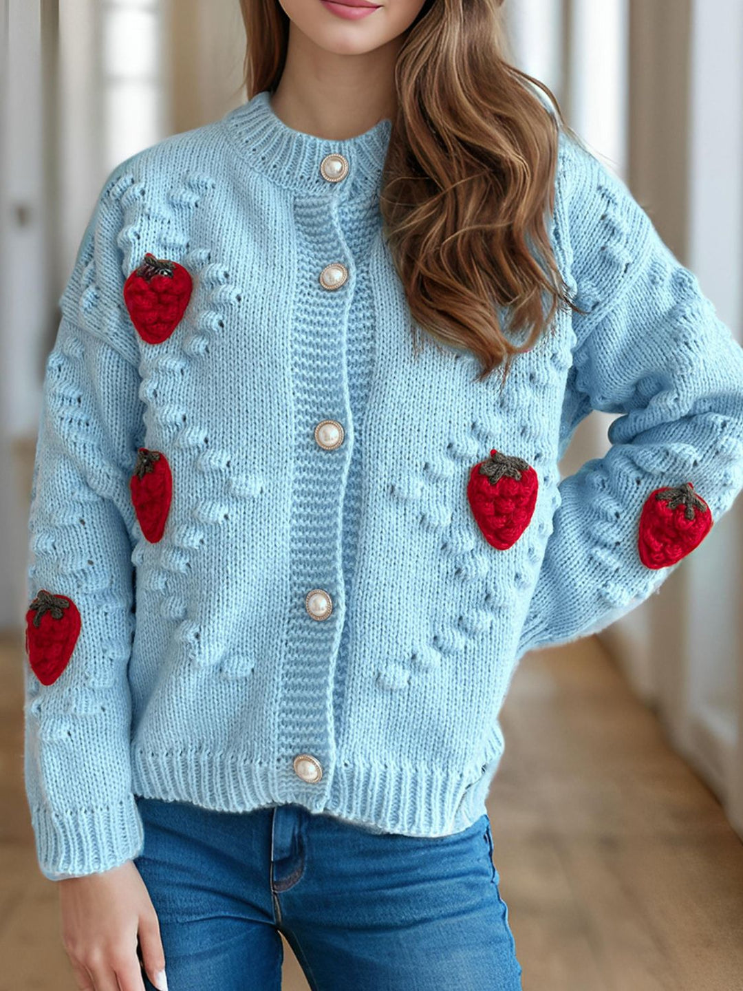 Strawberry Button Down Long Sleeve Cardigan (ships 1-2 weeks)