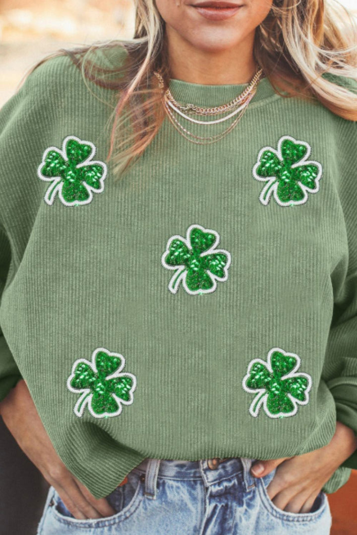 Sequin Lucky Clover Round Neck Long Sleeve Sweatshirt  (ships 2-3 weeks)