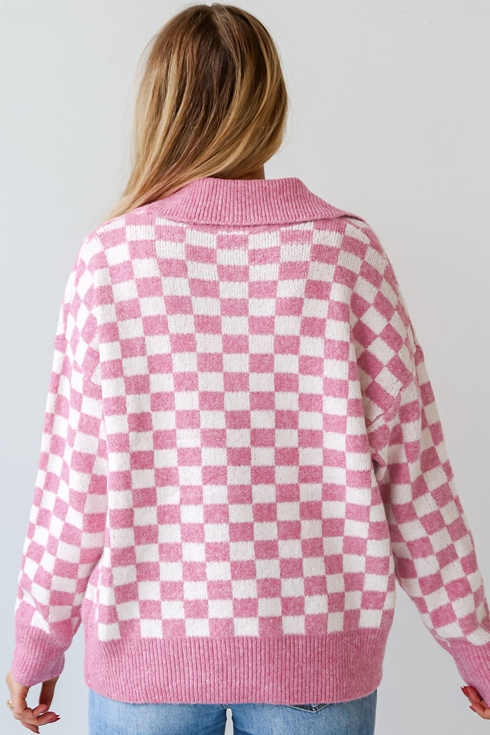 Pink Checkered Collared Neck Long Sleeve Sweater(ships 1-2 weeks)