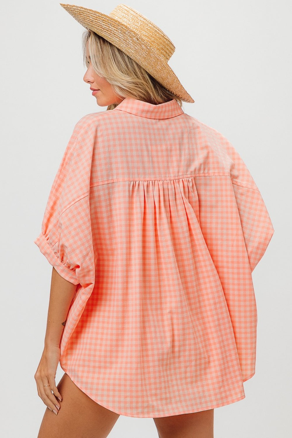 BiBi Plaid Button Up Dolman Sleeve Shirt