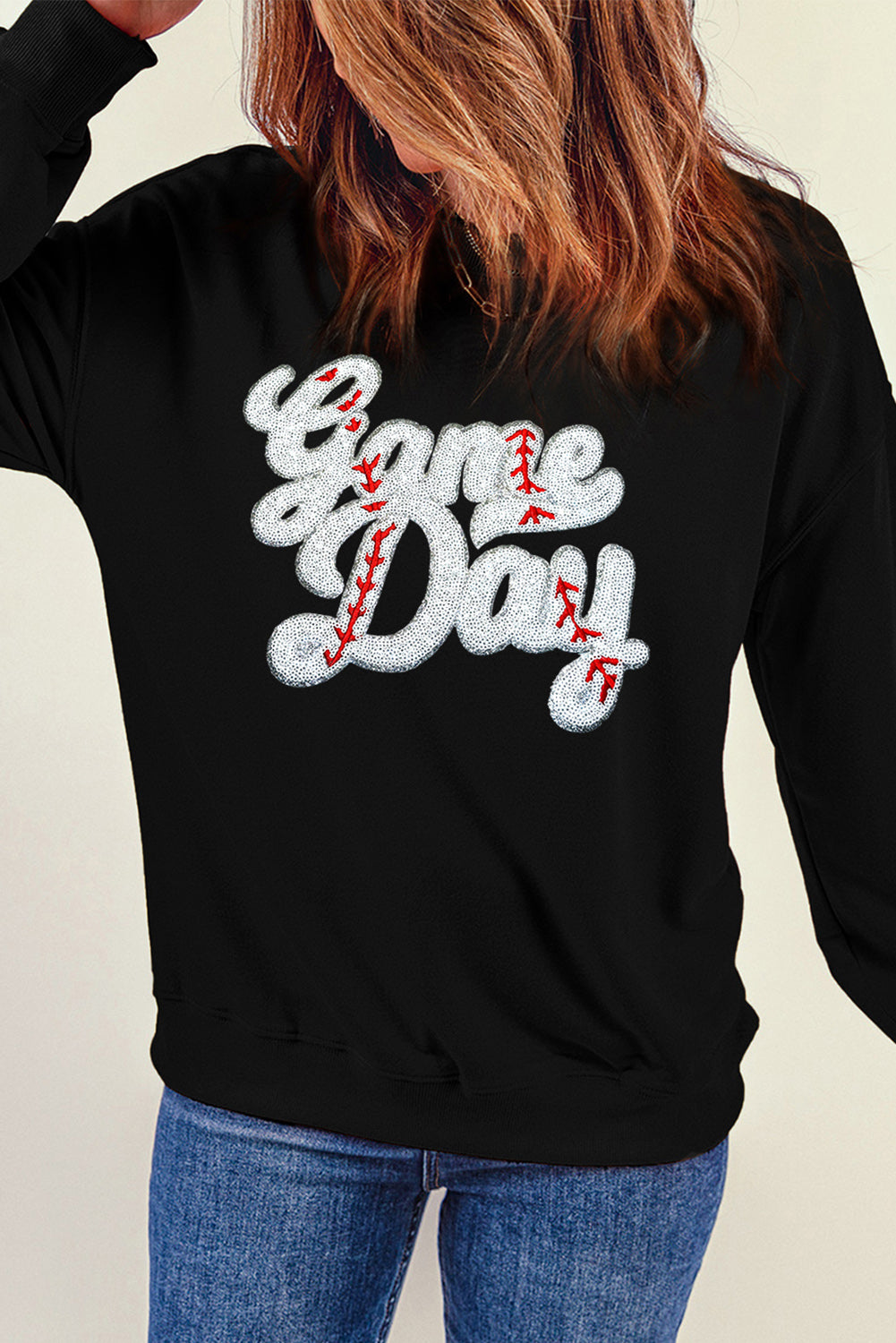 Black Game Day Baseball Graphic Crew Neck Sweatshirt(ships 2-3 weeks)