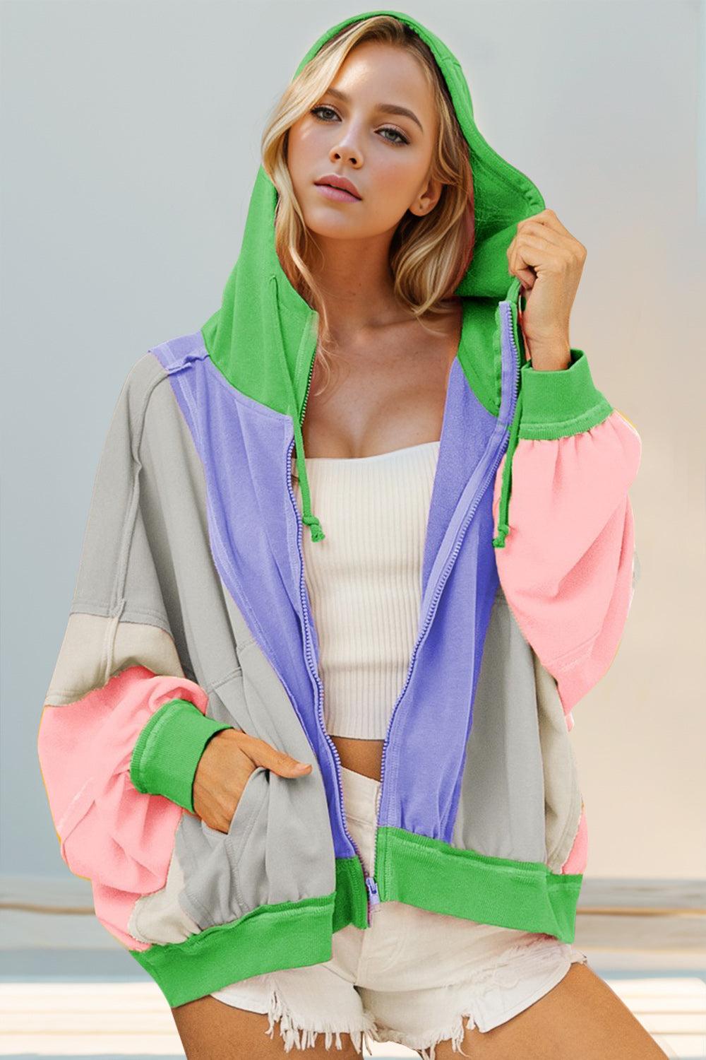 Double Take Full Size Color Block Zip Up Hoodie (ships 2-3 weeks)